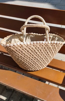 CESTO CROCHET Y CONCHAS BEIGE 