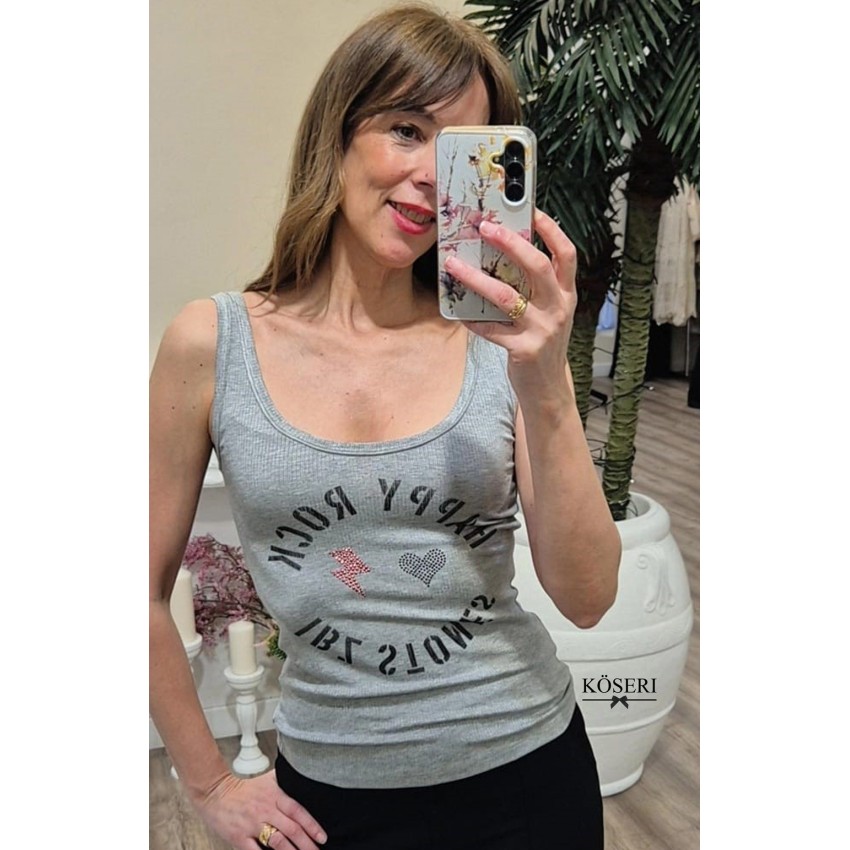 CAMISETA TIRANTE HAPPINESS GRIS BY ROCKMANTIC