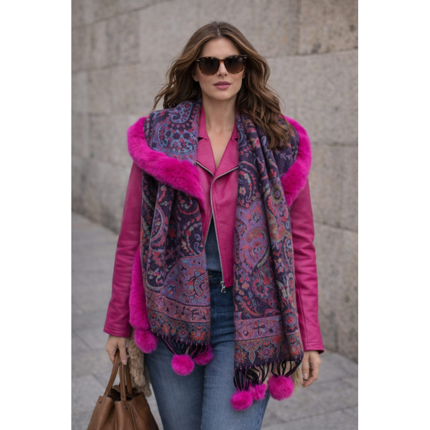PASHMINA ESTAMPADA FUXIA CON  PELO Y FLECOS