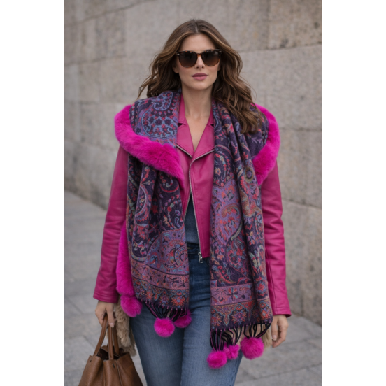 PASHMINA ESTAMPADA FUXIA CON  PELO Y FLECOS