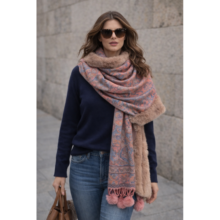 PASHMINA ESTAMPADA ROSA CON  PELO Y FLECOS