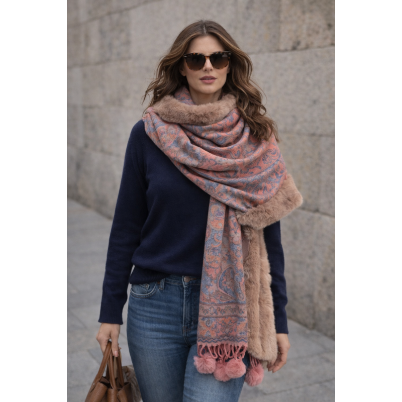 PASHMINA ESTAMPADA ROSA CON  PELO Y FLECOS