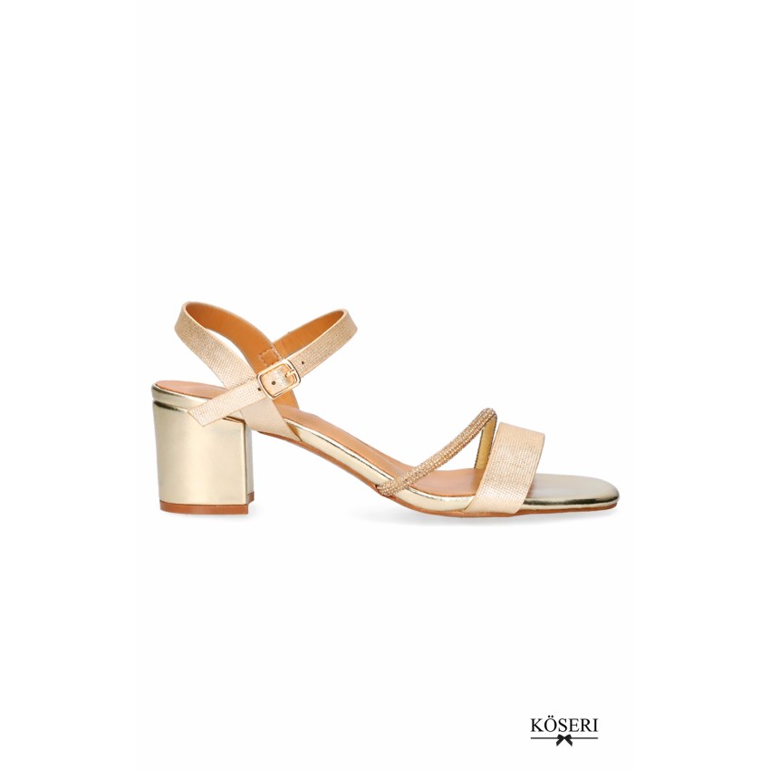 SANDALIA GLITTER ORO. TACÓN MEDIO