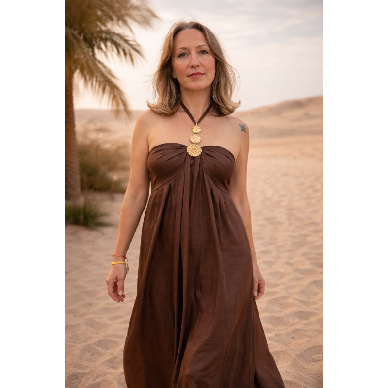 VESTIDO CHOCOLATE ADORNO ORO