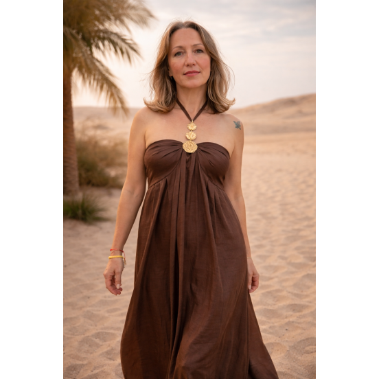 VESTIDO CHOCOLATE ADORNO ORO