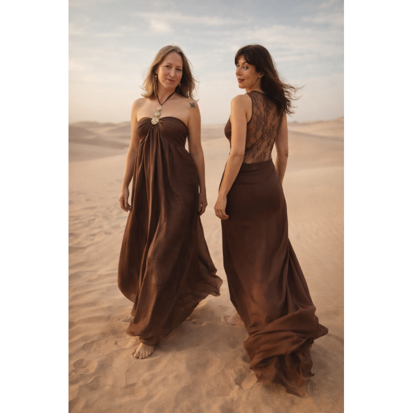 VESTIDO CHOCOLATE ADORNO ORO