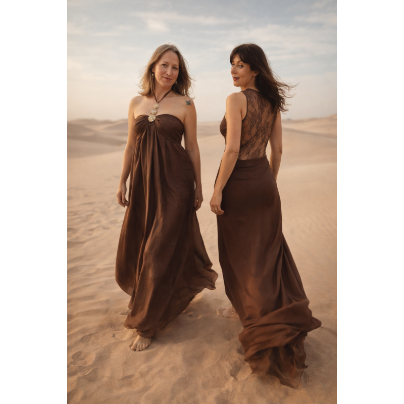 VESTIDO CHOCOLATE ADORNO ORO