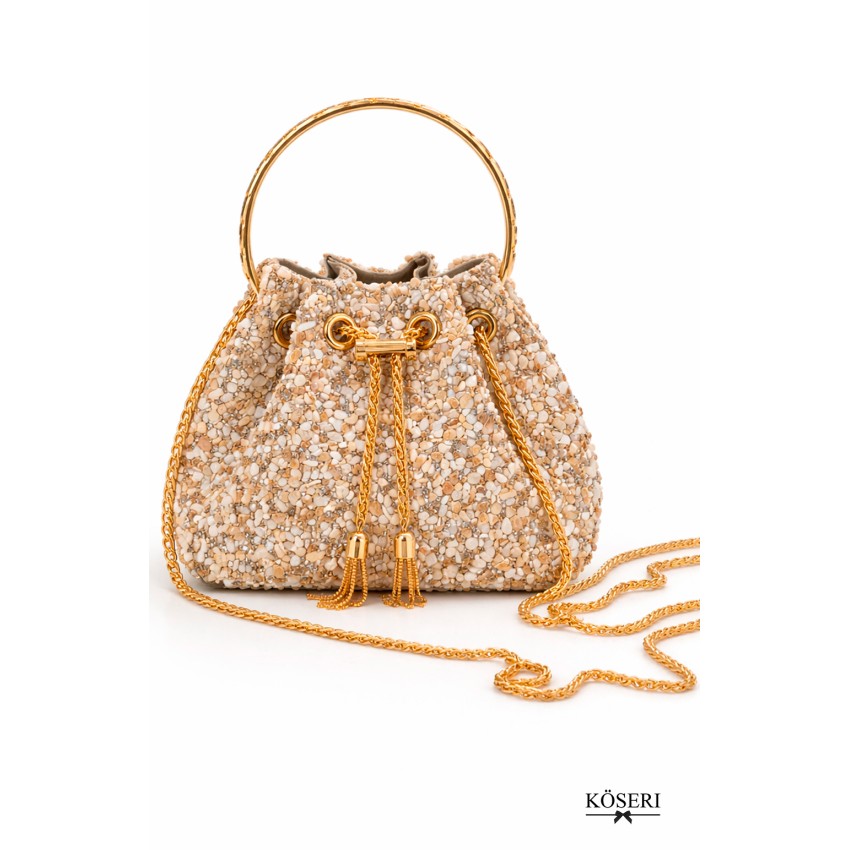BOLSO SAQUITO PIEDRAS BEIGE