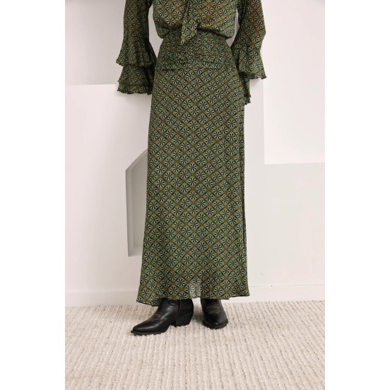 FALDA LARGA FLUIDA ESTAMPADA - VERDE