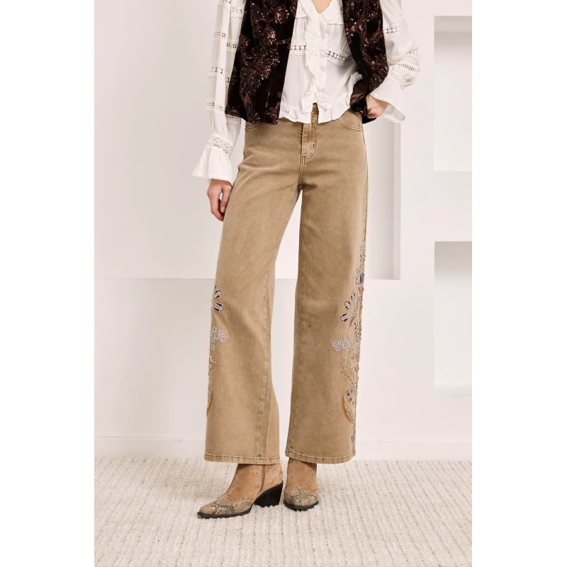 JEANS WIDE LEG BORDADOS - CAMEL