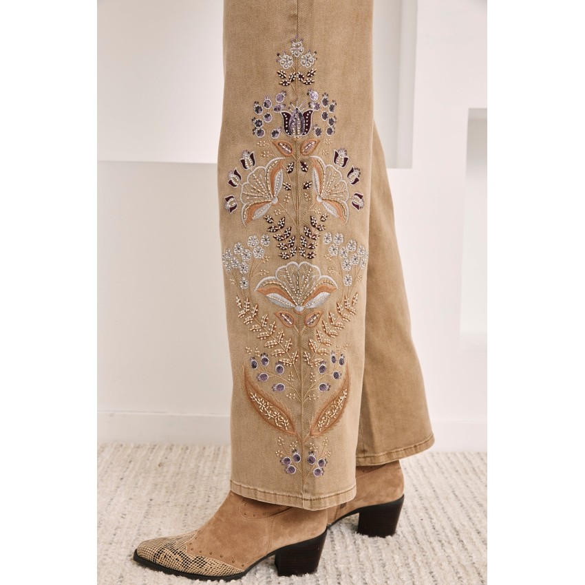 JEANS WIDE LEG BORDADOS - CAMEL