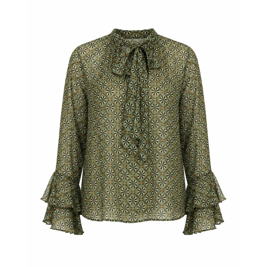 BLUSA ESTAMPADO RETRO VOLANTES Y LAZADA - VERDE