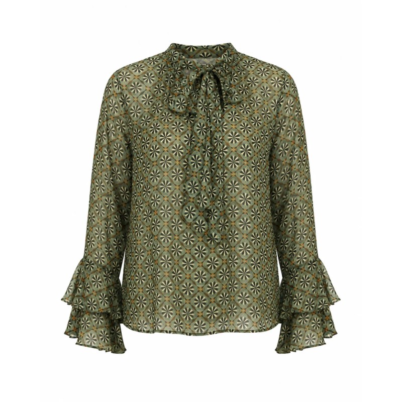 BLUSA ESTAMPADO RETRO VOLANTES Y LAZADA - VERDE