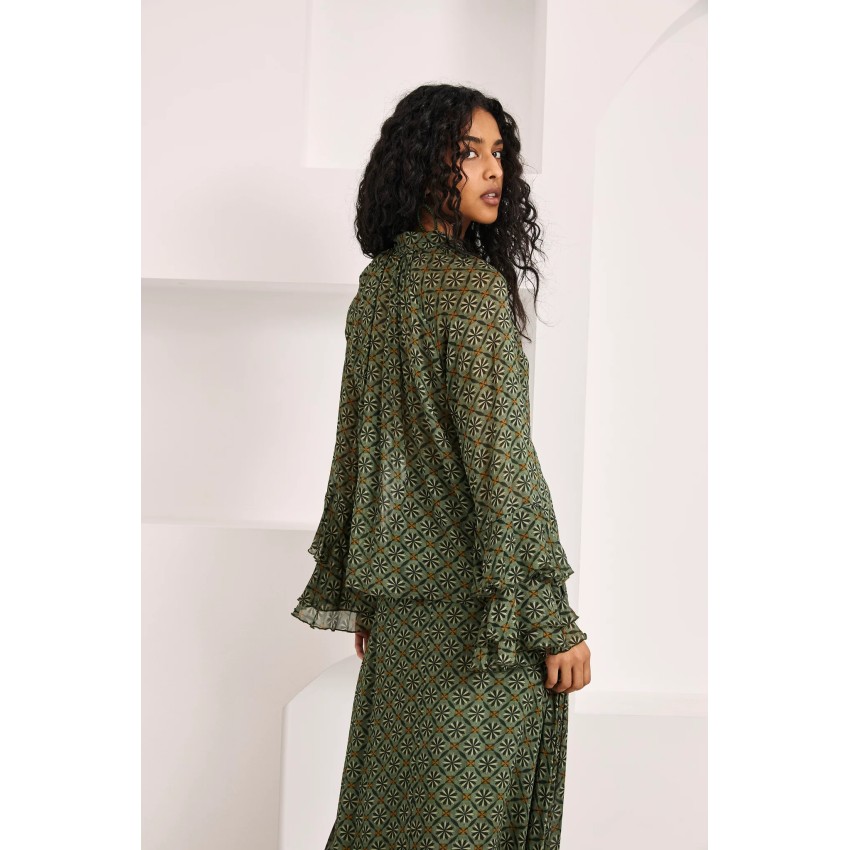 BLUSA ESTAMPADO RETRO VOLANTES Y LAZADA - VERDE