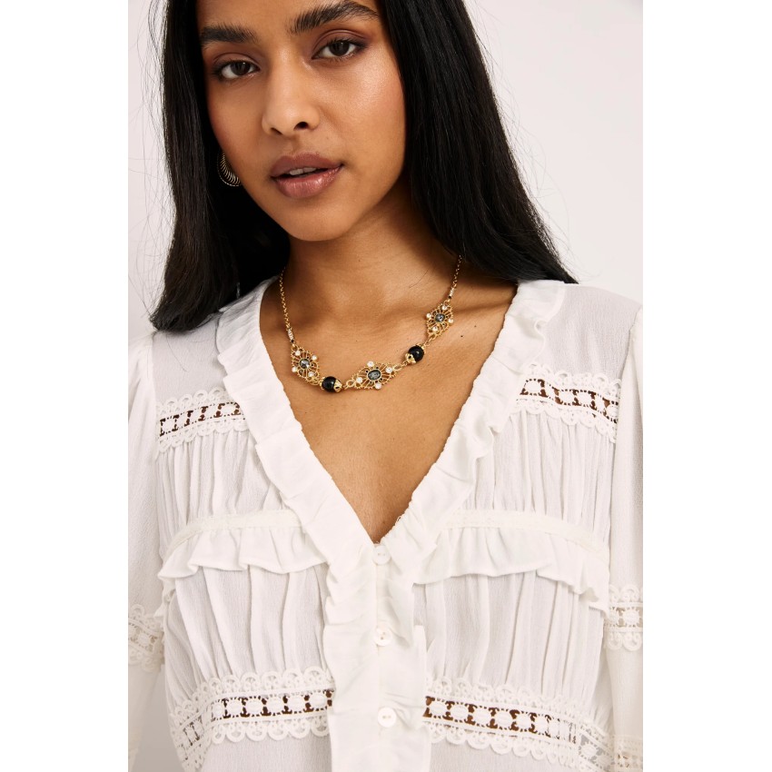 BLUSA VOLANTES Y CALADOS PASAMANERÍA - BLANCO