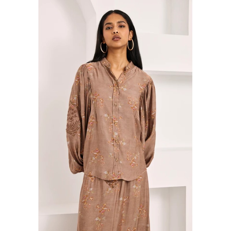 BLUSA CAMISERA MAO FLORAL - CHOCOLATE