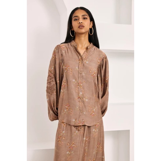 BLUSA CAMISERA MAO FLORAL - CHOCOLATE