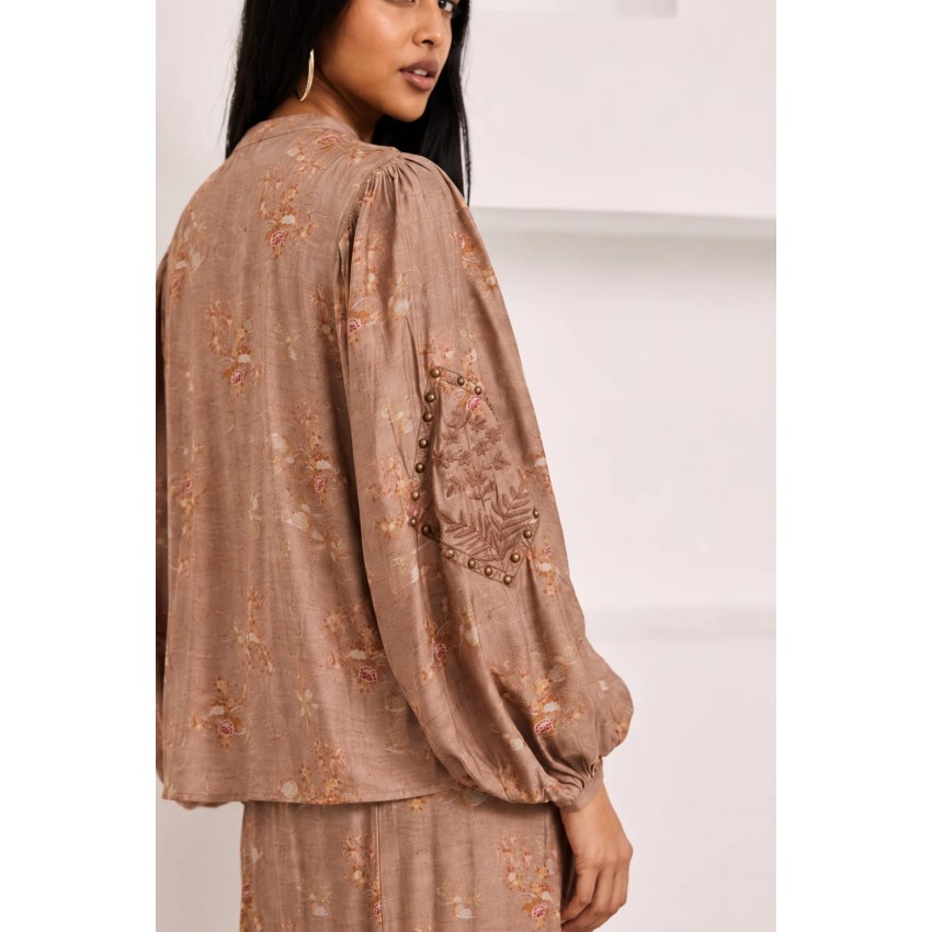 BLUSA CAMISERA MAO FLORAL - CHOCOLATE