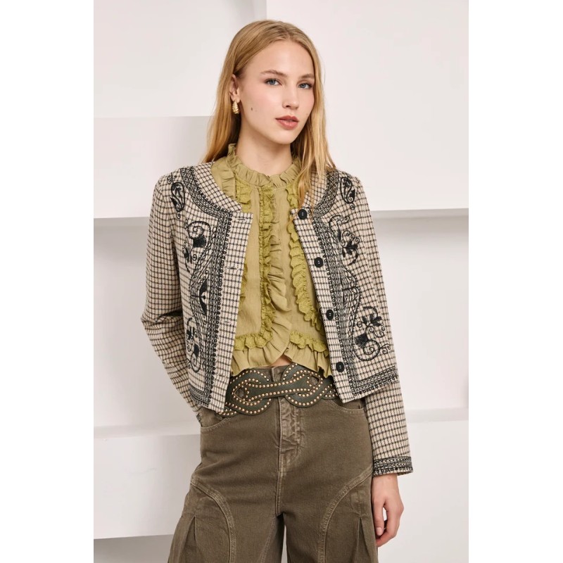 CHAQUETA CUADROS CON BORDADOS - IVORY