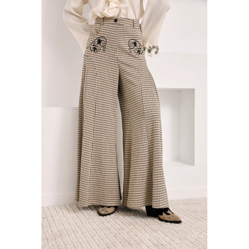 PANTALÓN PALAZZO CUADROS CON BORDADOS - IVORY