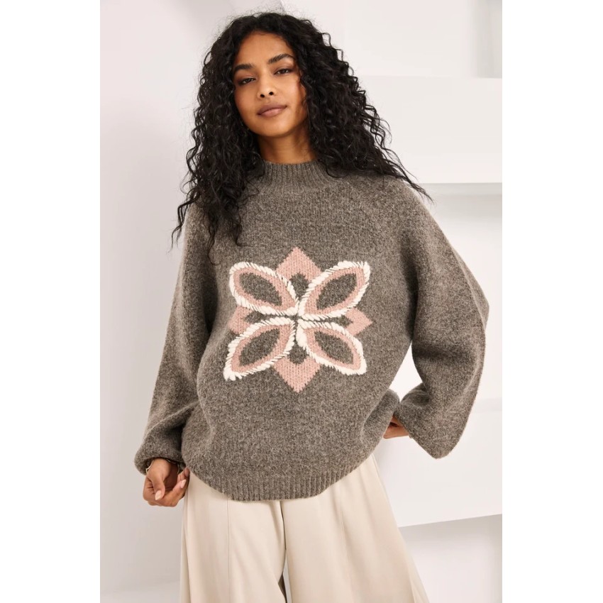 JERSEY DE LANA OVERSIZED FLOR BICOLOR - CHOCOLATE