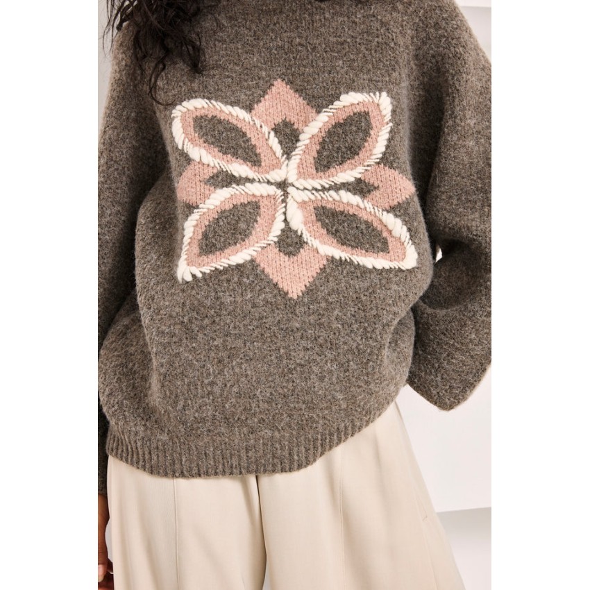 JERSEY DE LANA OVERSIZED FLOR BICOLOR - CHOCOLATE