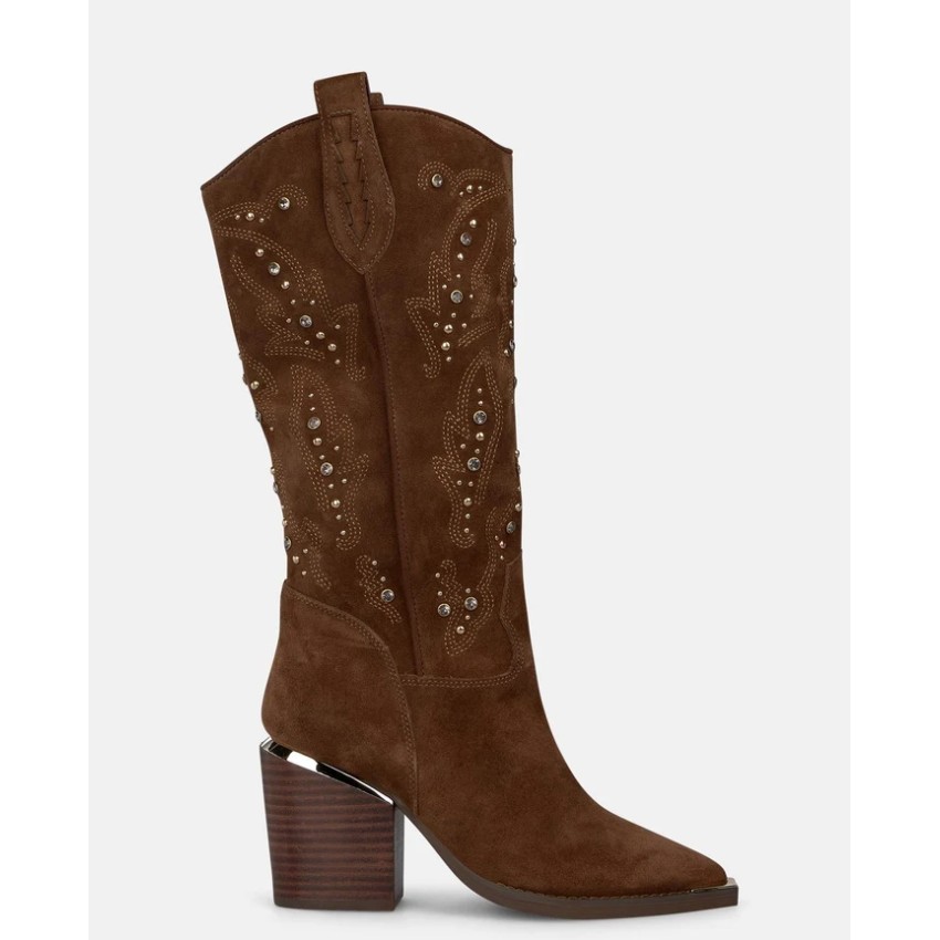 BOTA COWBOY SERRAJE MARRÓN Y TACHAS CON TACÓN