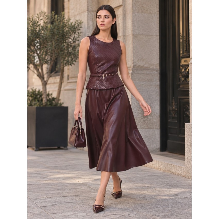 VESTIDO MIDI ECOPIEL ROJO BURDEOS