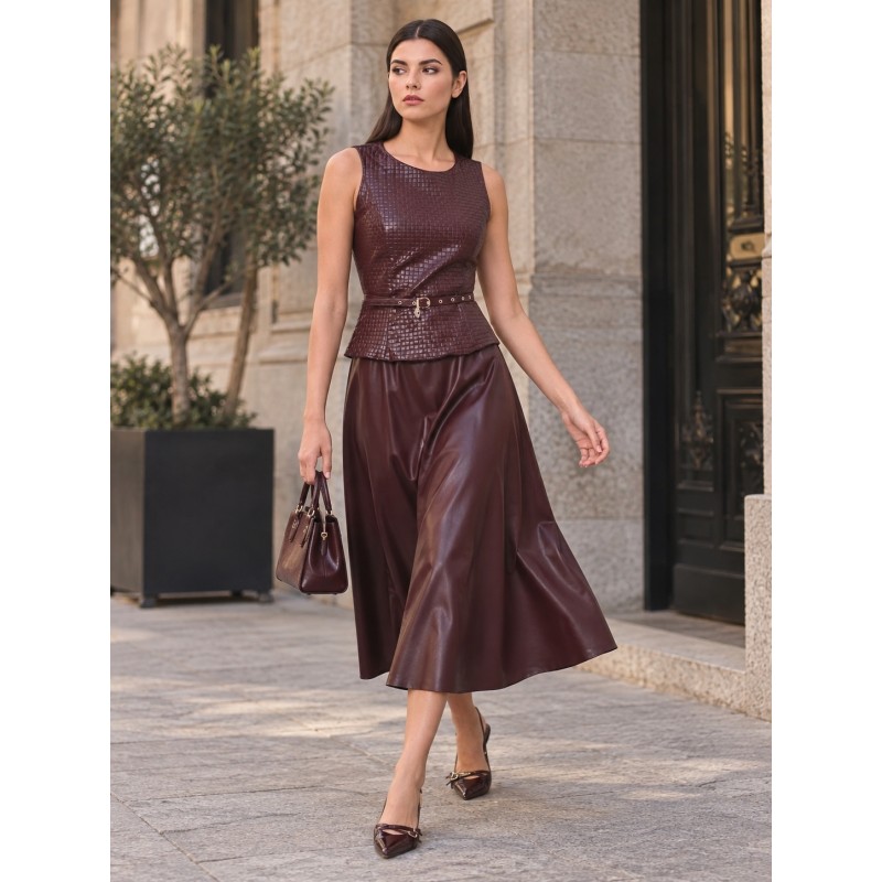 VESTIDO MIDI ECOPIEL ROJO BURDEOS