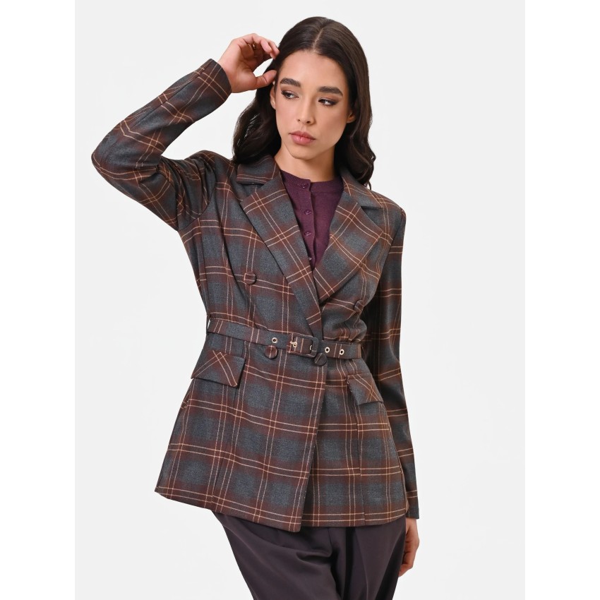 CHAQUETA CRUZADA CUADROS MARRON CON CINTURON