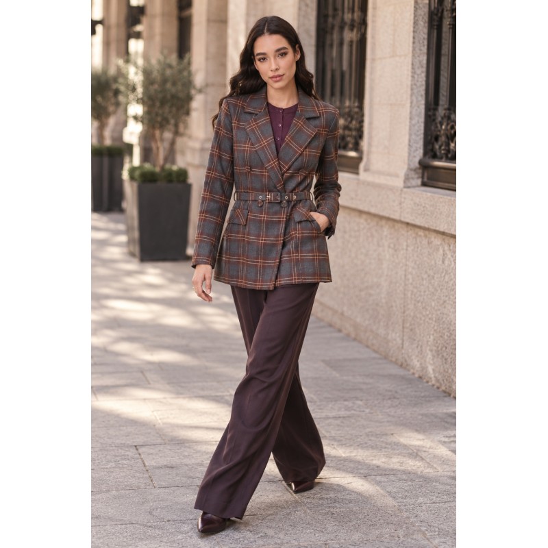 CHAQUETA CRUZADA CUADROS MARRON CON CINTURON